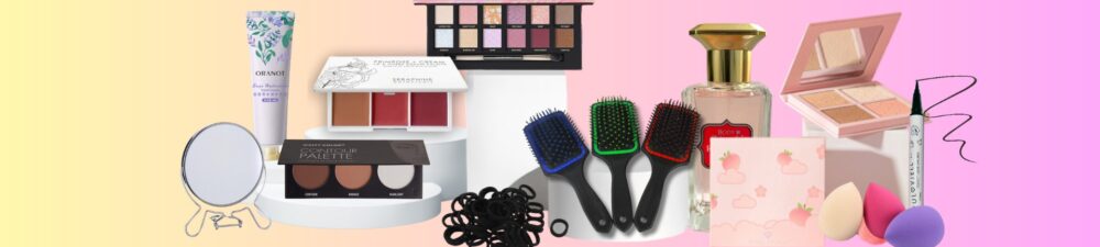 Productos de belleza paletas de sombras, esponjas, espejo, cepillos, ligas para el cabello, perfume, y más productos de belleza. Inicio Fondo anaranjado con rosa.