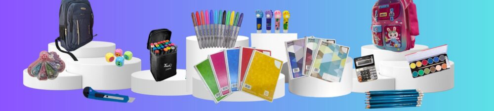 Productos de papelería como mochilas, lápices, cuadernos, plumones, sacapuntas entre más productos de papelería. Inicio Fondo morado con azul.